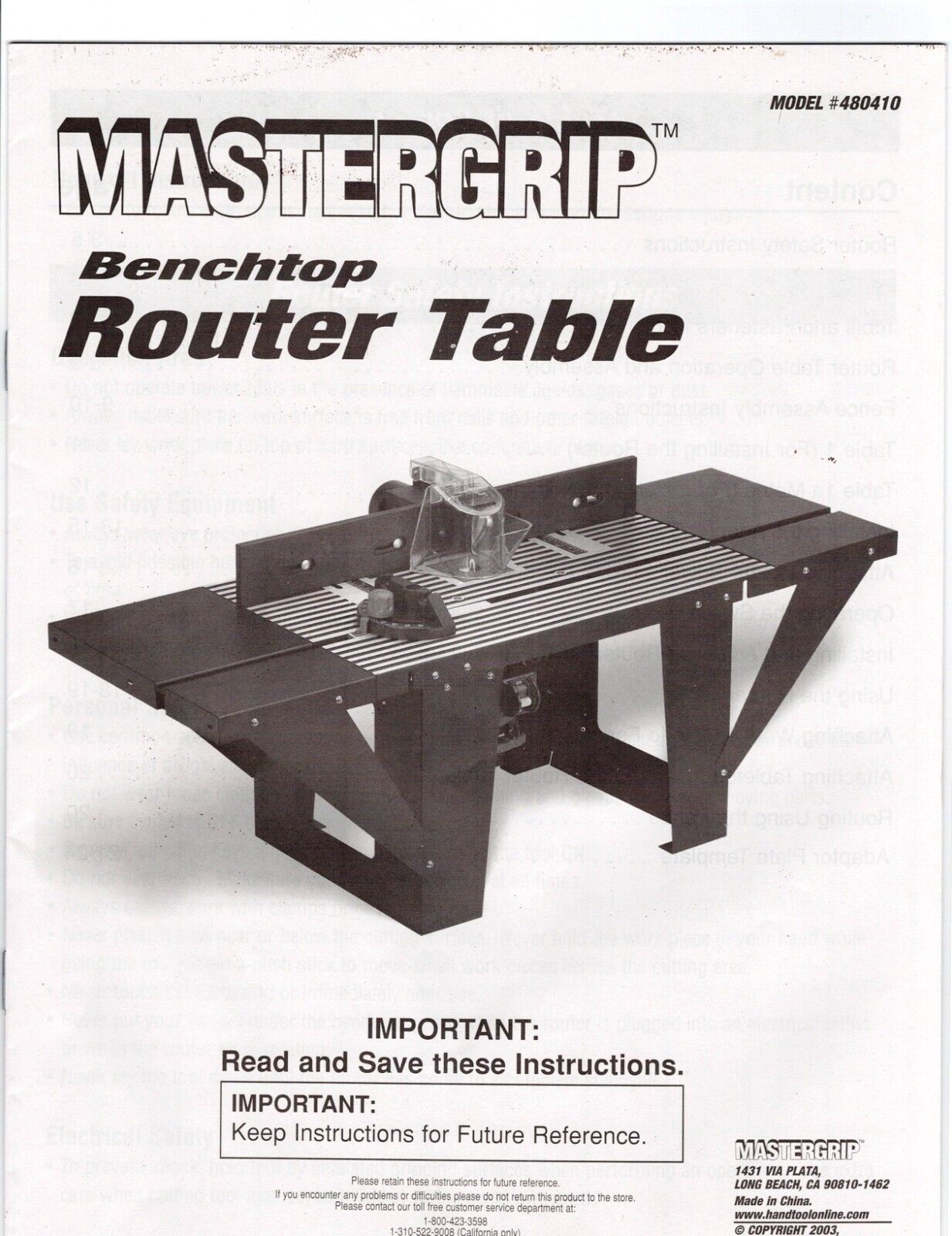 Mastergrip 480410 Bench Top Router Table W/ Power Cord, Fits Most Routers - 120v