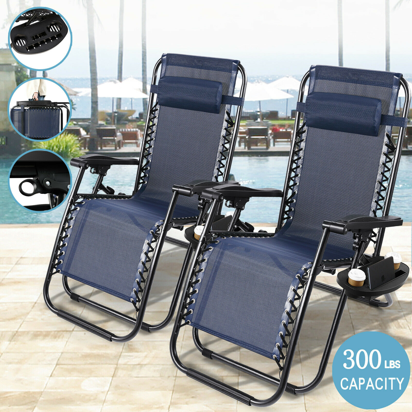 Case Of 2 Navy Zero Gravity Chairs Patio Yard Lounge Beach Outdoor Folding Chair