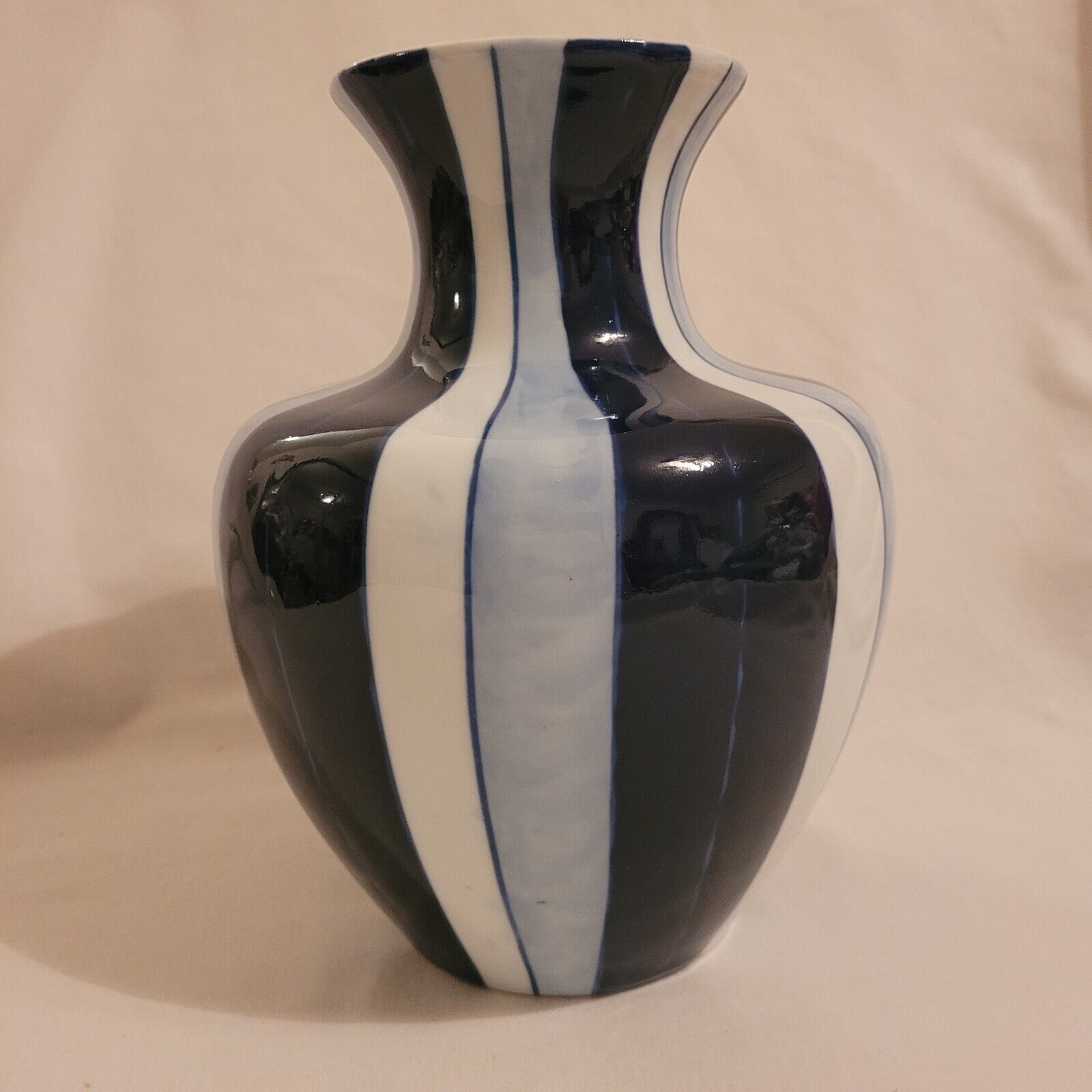 Vintage? Ceramic Vase Cobalt Blue W White And Light Blue Stripes