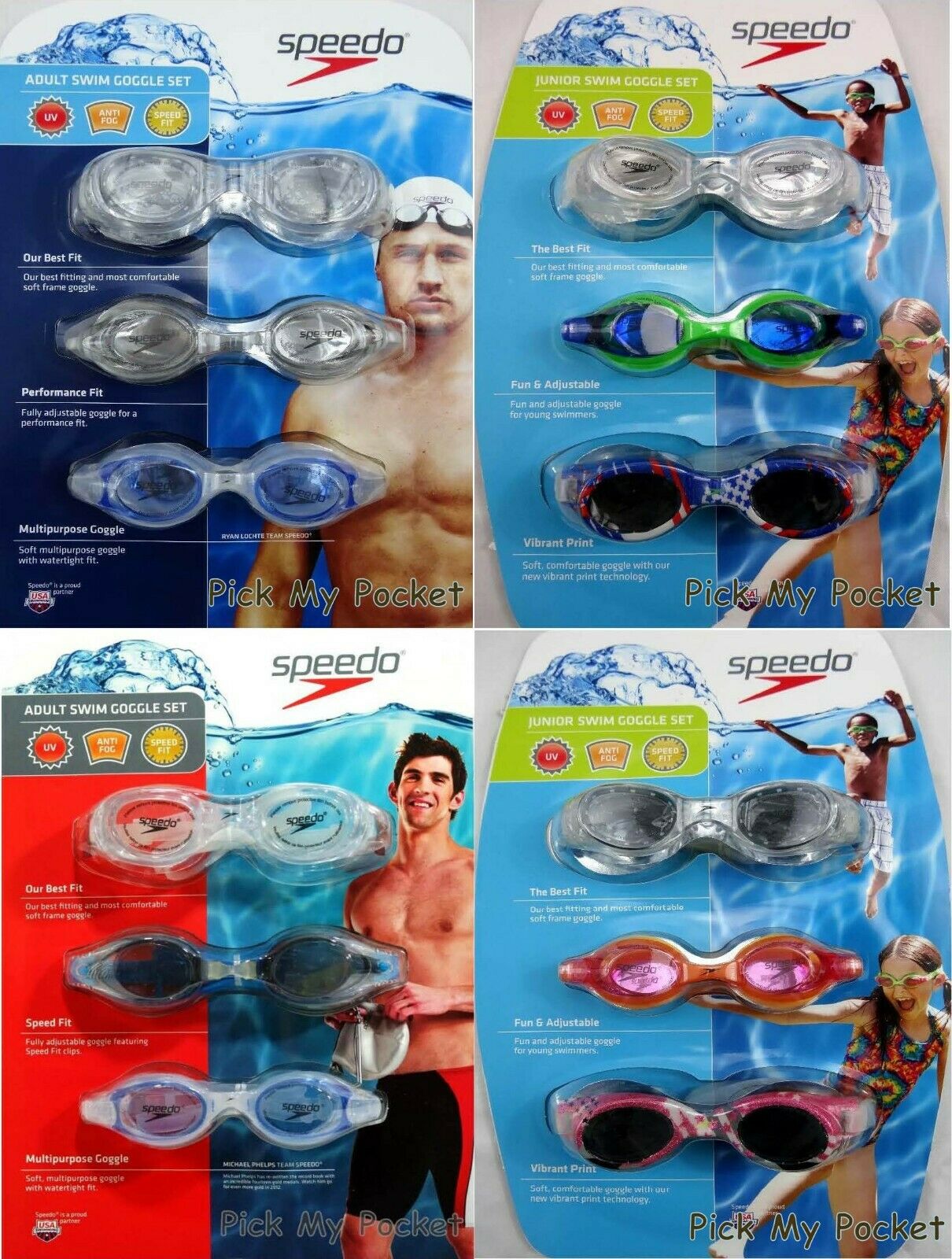 New Speedo Swim Goggles Junior Boys, Girls, Adult Men, Women 3 Pack