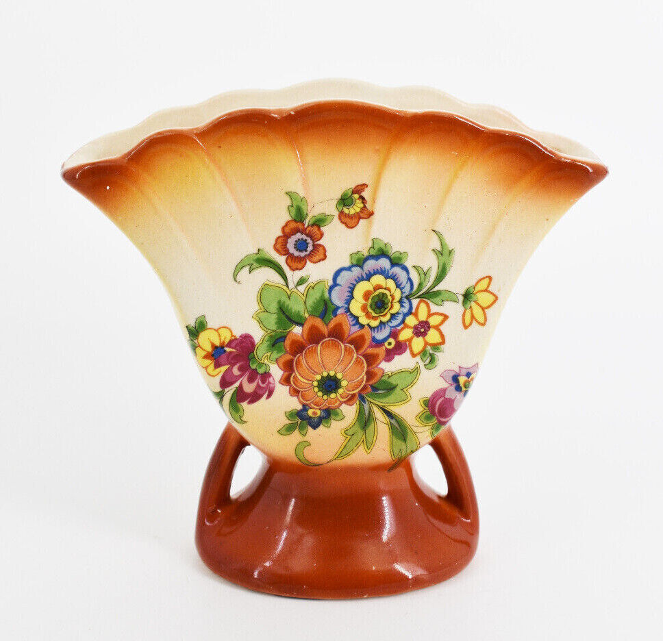 Vintage Fan Vase Floral Transfer Design Ceramic Scalloped Edge Czechoslovakia