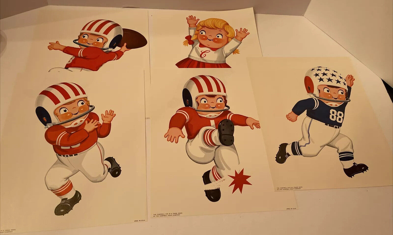 Vintage Campbell Kids Football Litho Pictures 8”x10” Set Of 5 1960’s?
