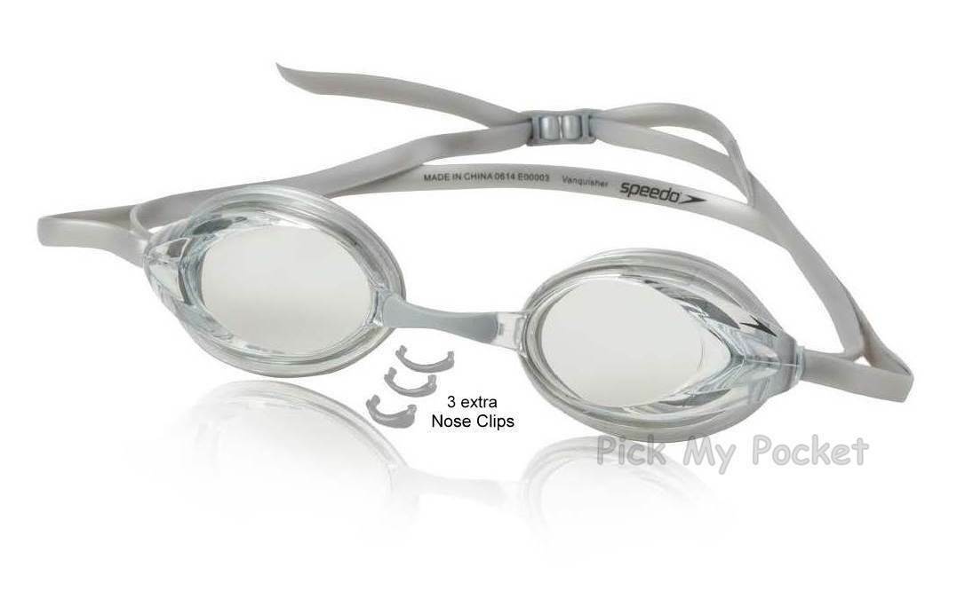 Speedo Vanquisher Clear Swim Goggle (plus 3 Different Size Nose Clips) - Grey