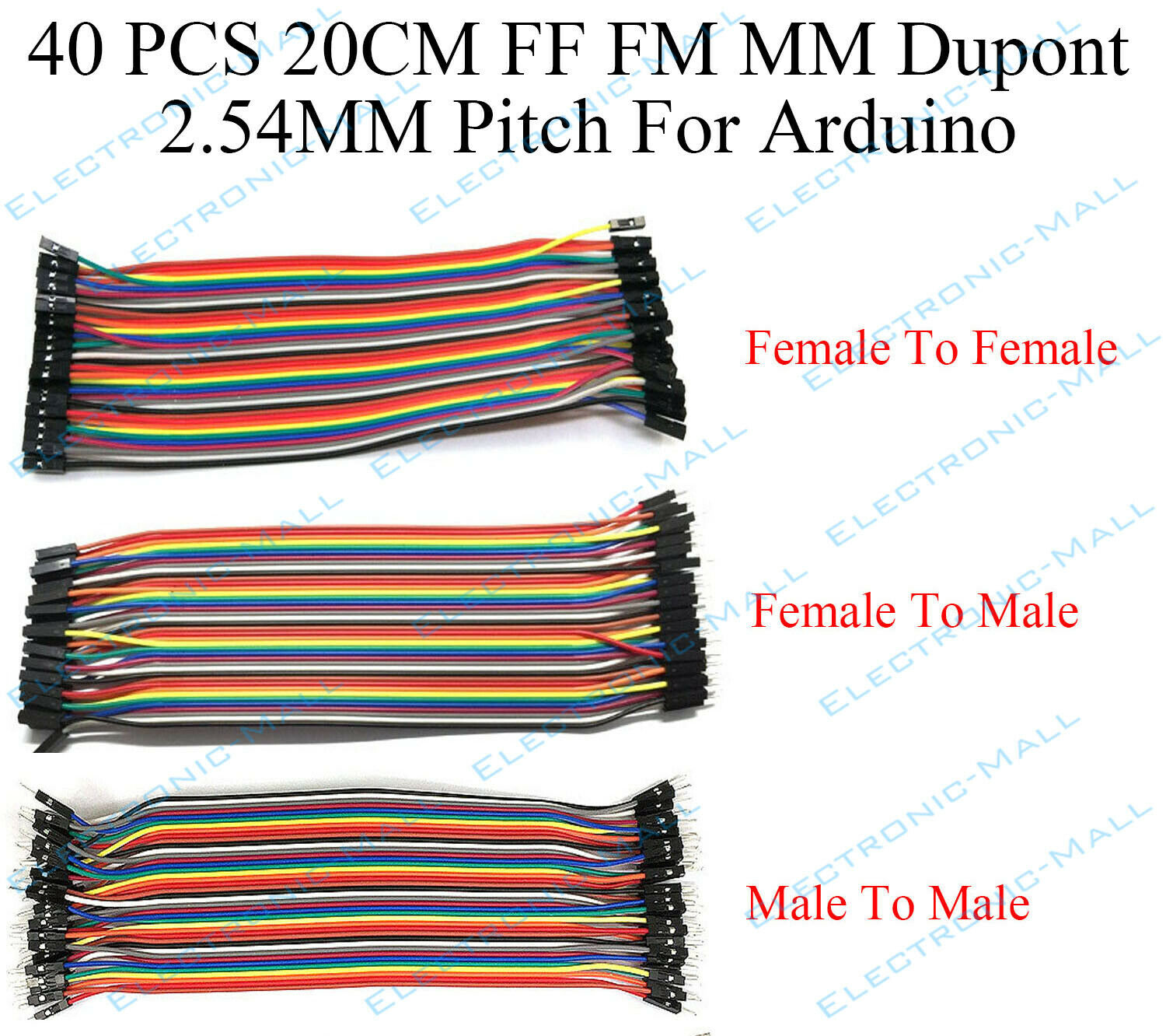 40pcs 20cm 2.54mm Ff Fm Mm Dupont Wire Jumper Cables Male To Female For Arduino