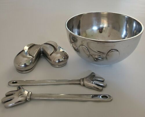 Walt Disney World Mickey Mouse Metal Silver Salad Bowl With Tongs