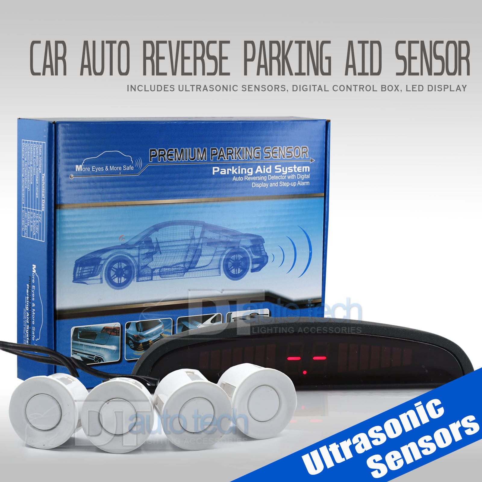 4 Parking White Sensors Led Car Backup Reverse Rear Radar System Alert Alarm Kit