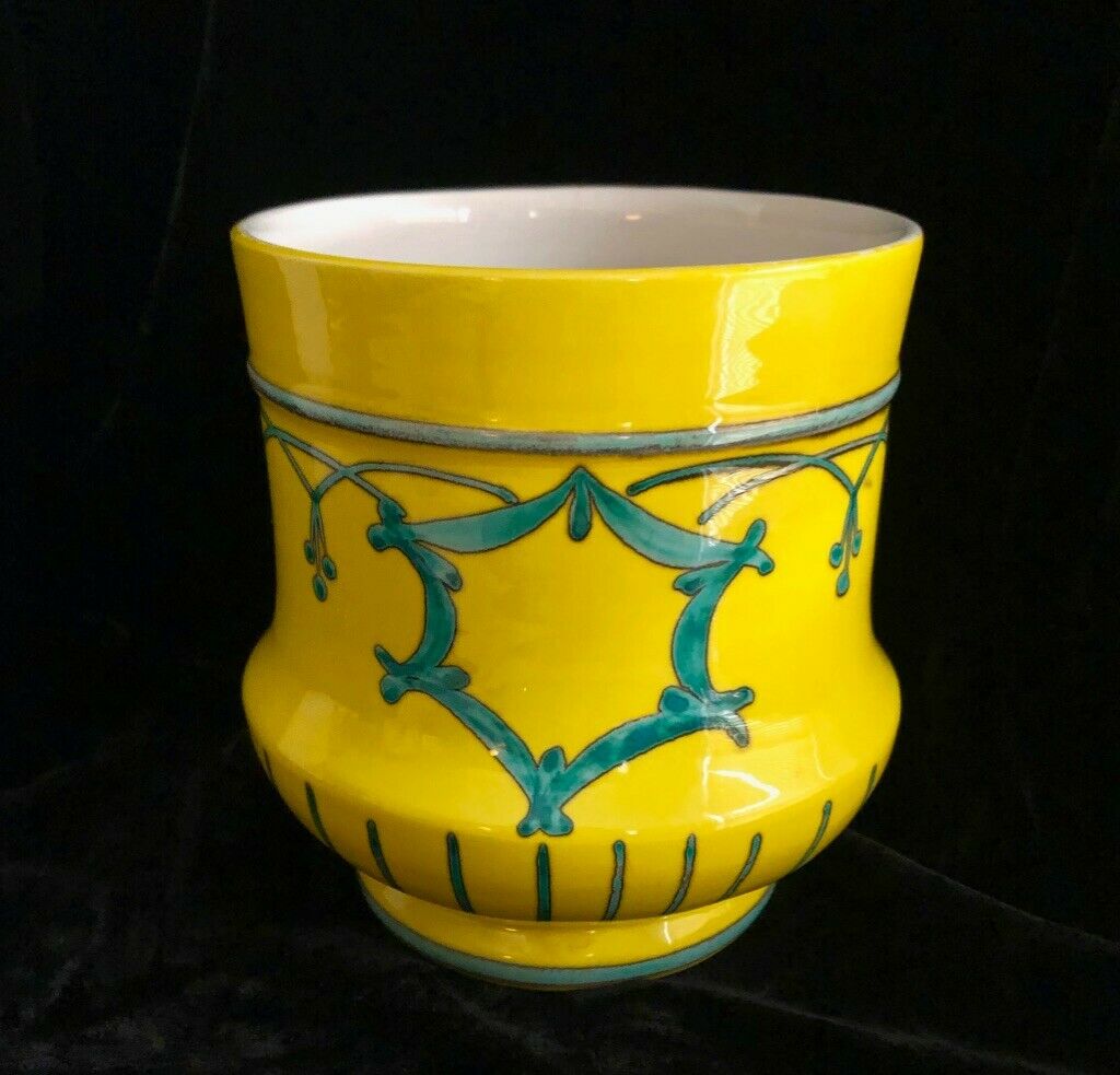 Vtg Italy Porcelain Small Brilliant Yellow Vase ~ Teal Designs ~ Signed Mili 5"