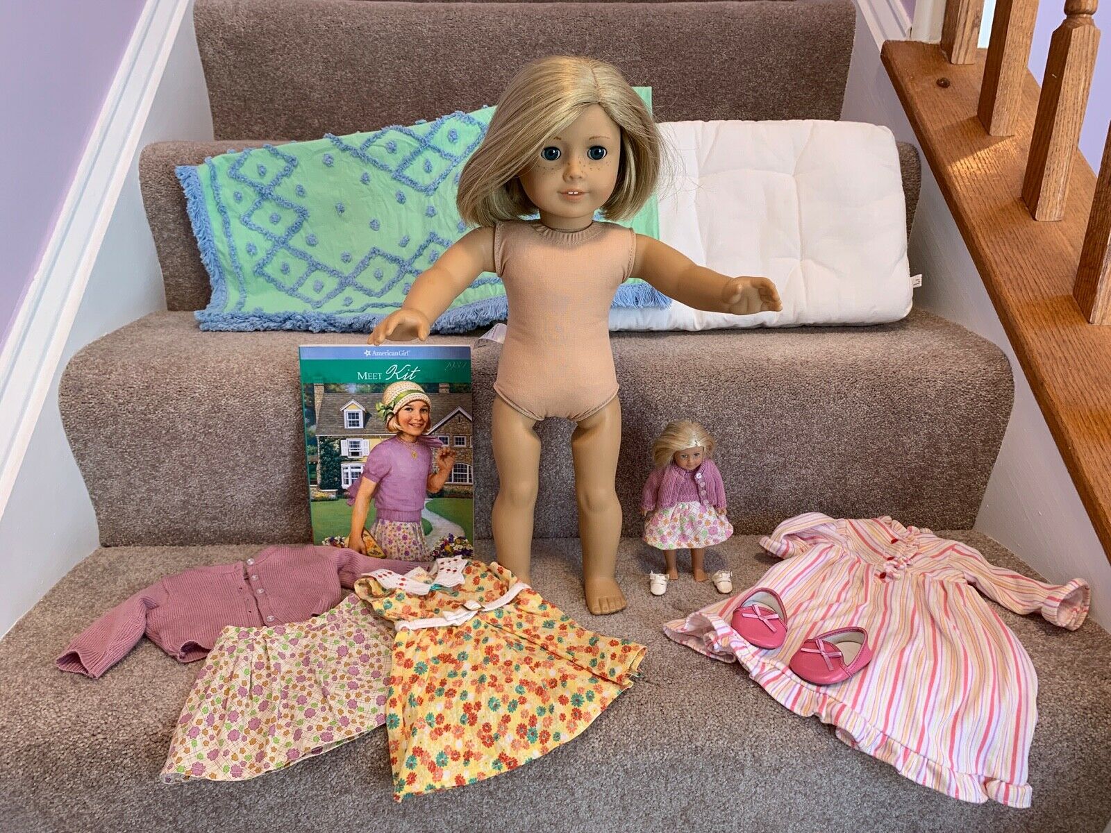 American Girl Kit & Miniature Kit Doll W/ Mattress, Tufted Bedspread, & Clothes
