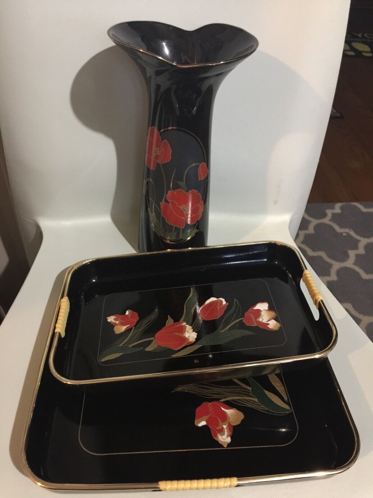 Two Lacquered Trays Black With Red Flowers And 101/2”black Vase Great Combo!