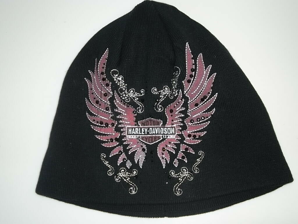 Harley Davidson Wings Black And Pink Head Cover Cap Beanie Knit Embroidered