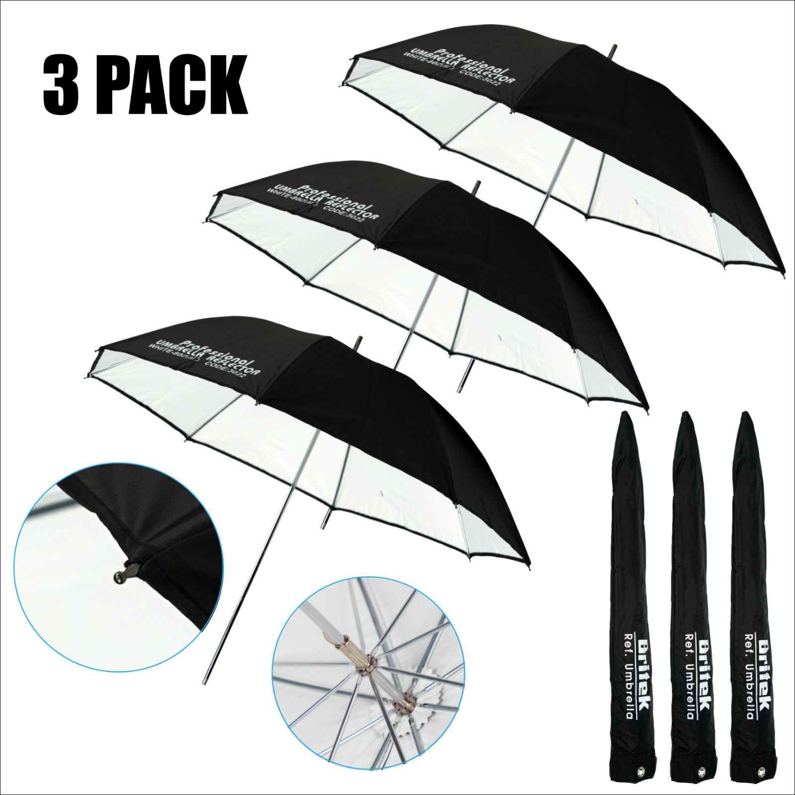 3 Pack - 32" Black/white Reflector Studio Umbrella For Photography, Metal Parts