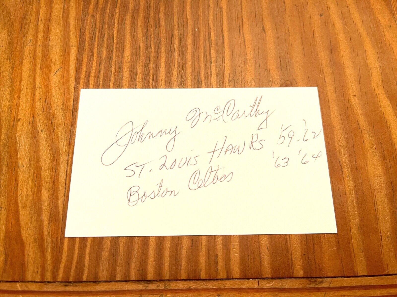 Johnny John Mccarthy Signed 3x5 Index Card Autographed Celtics '64 Champs Rare