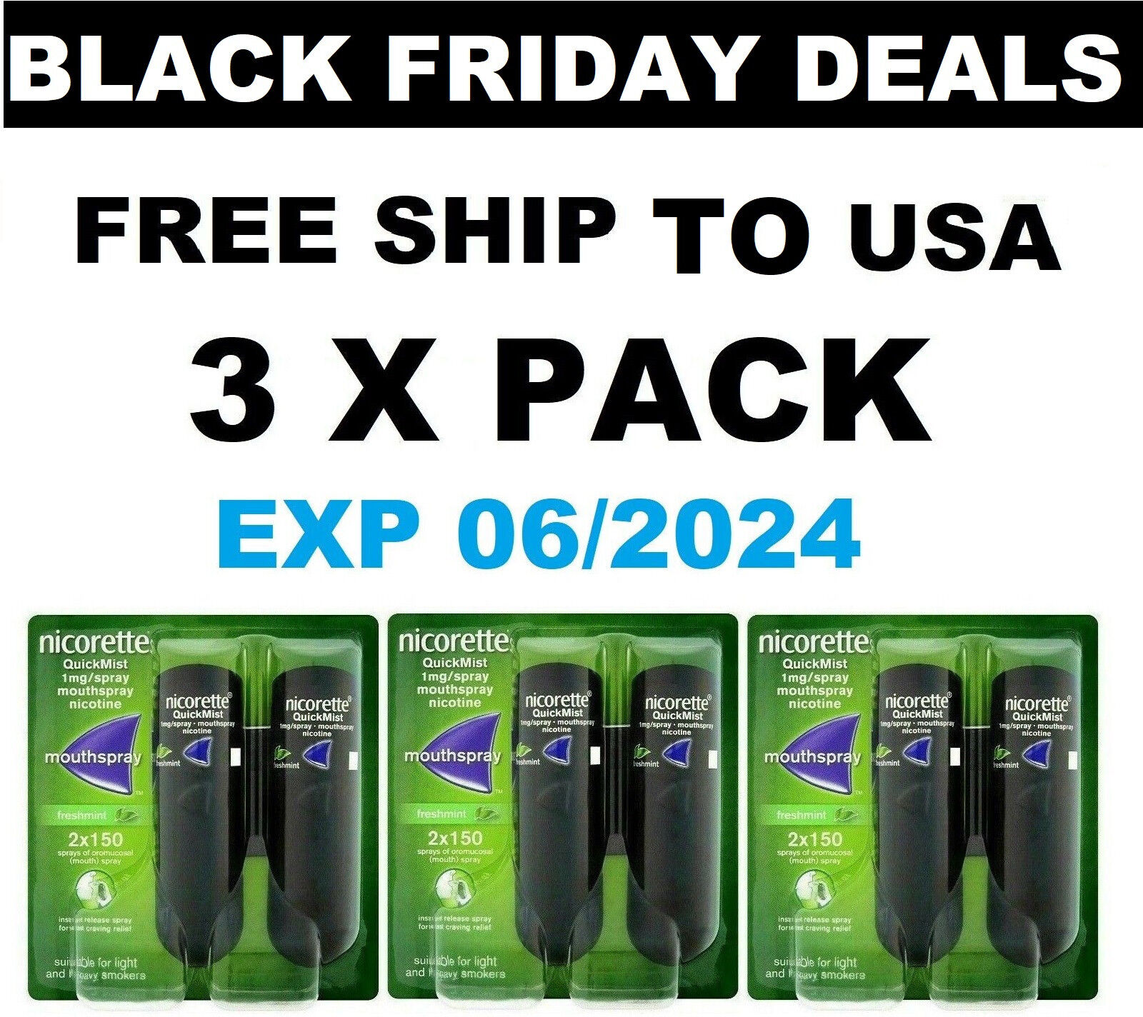 3 X Nicorette Quickmist Duo, 2 X 150 Sprays - "free Ship To Usa" Exp:-06/2024