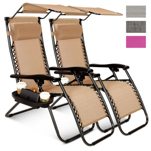 2 Pcs Zero Gravity Folding Lounge Beach Chairs W/canopy Magazine Cup Holder