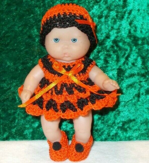 Hand Crocheted Doll Clothes Fits 5" Berenguer/orange/black/halloween