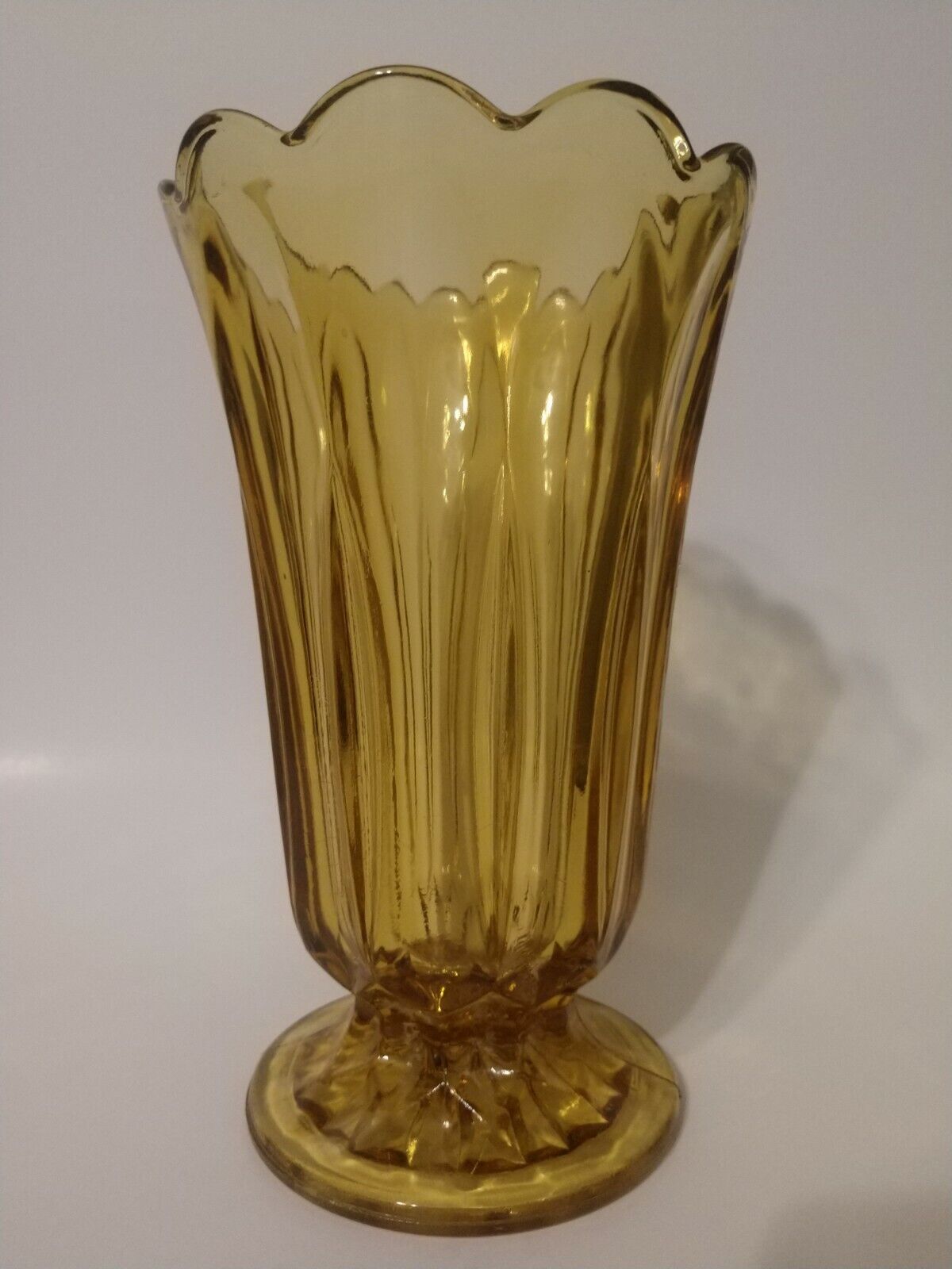 Vintage Amber Glass Footed Vase Ruffled Rim