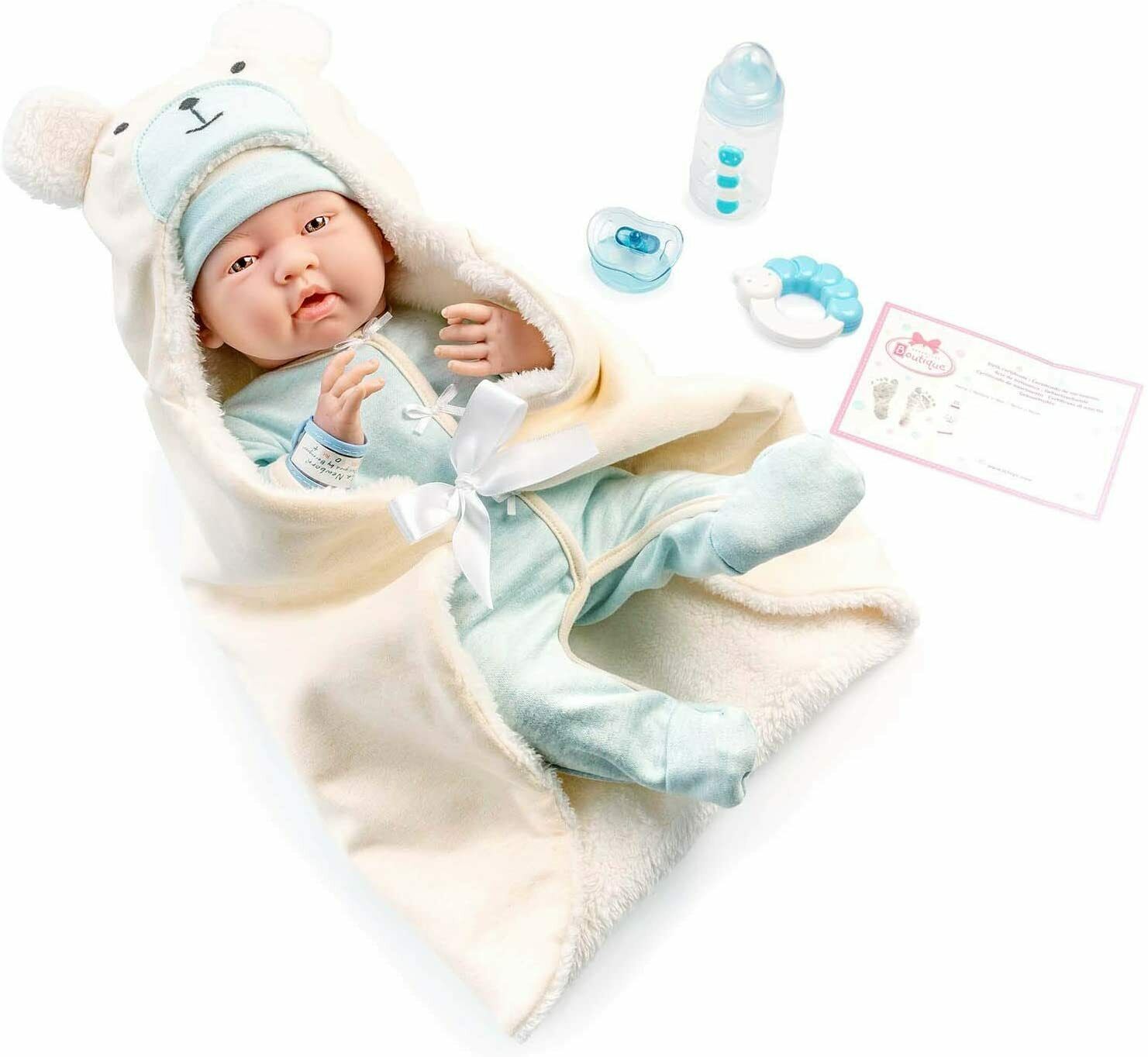 La Newborn 15.5" Soft Body Doll And Blue Bear Bunting Gift Set