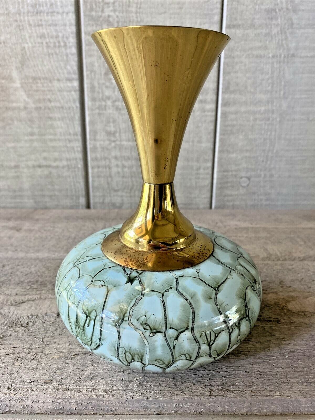 Vintage Delft Holland Mid Century Brass Top Ceramic Vase