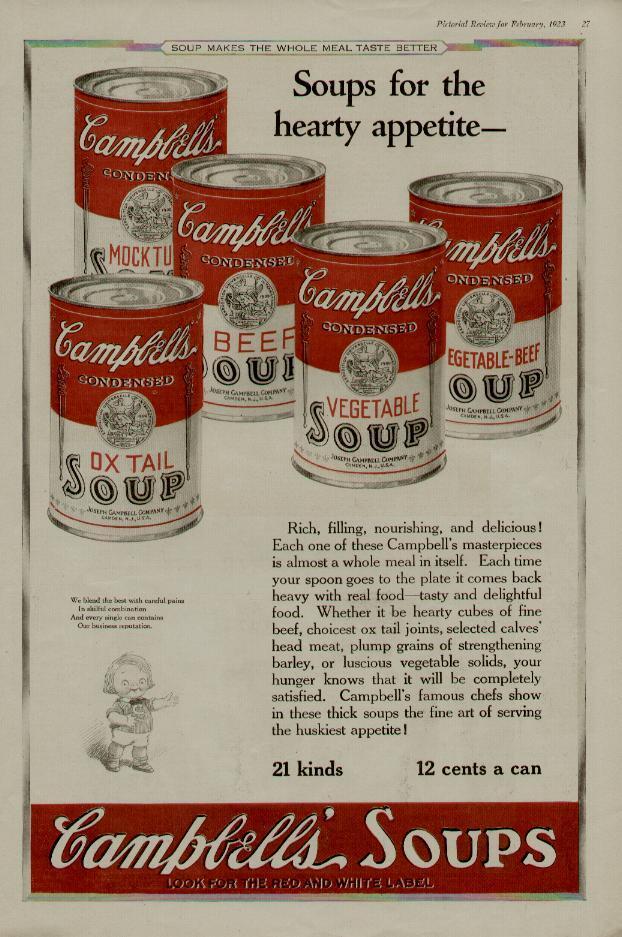 1923 Campbell's Soups Ad / Soups For The Hearty Appetite......